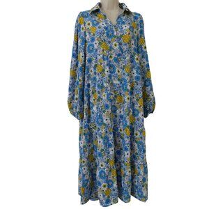 Dokotoo Women Floral Midi Dress Blue Yellow Long Sleeve Surplice Collar Size M